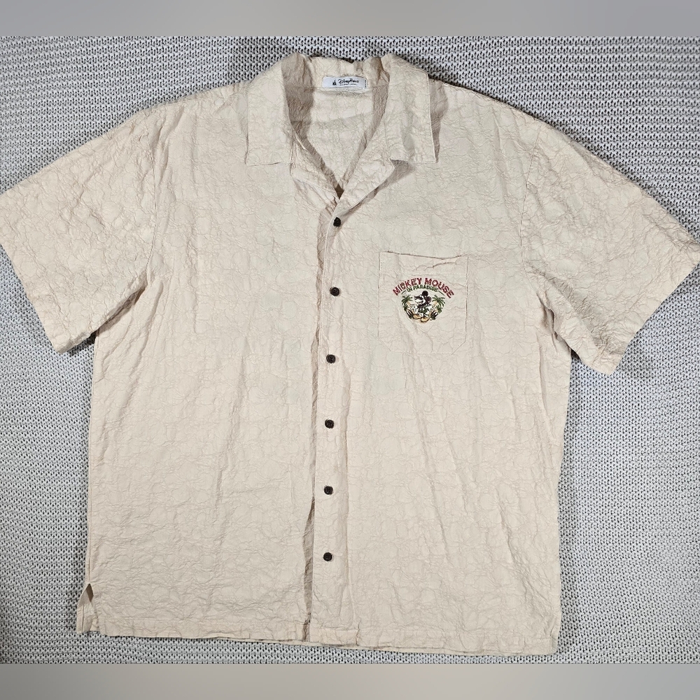 Disney Parks Mickey Mouse in Paradise Embroidered Hawaiian Shirt Men's XL Cream